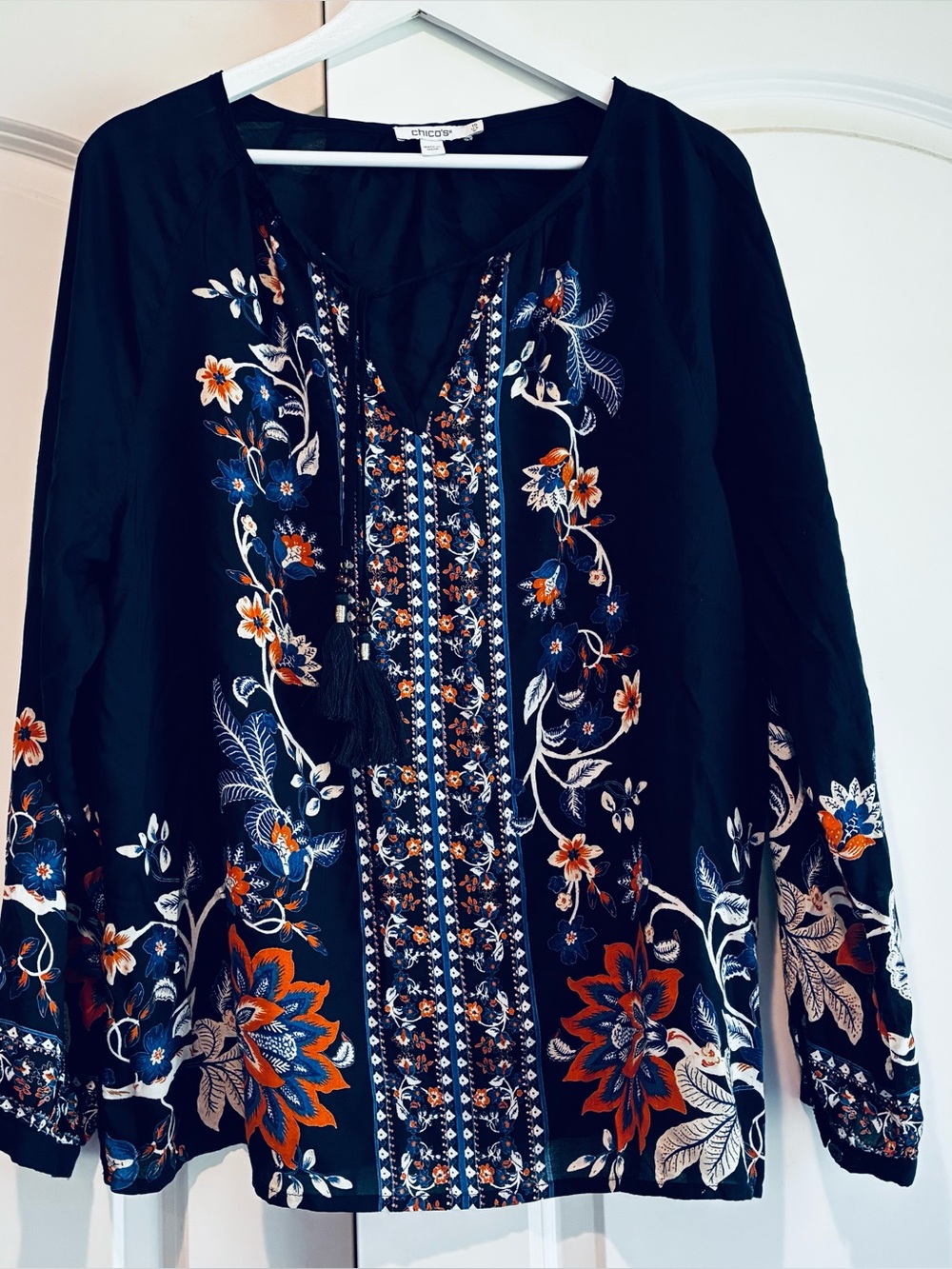 Chico's navy  Tunic with Orange & Blue Floral size 1.5